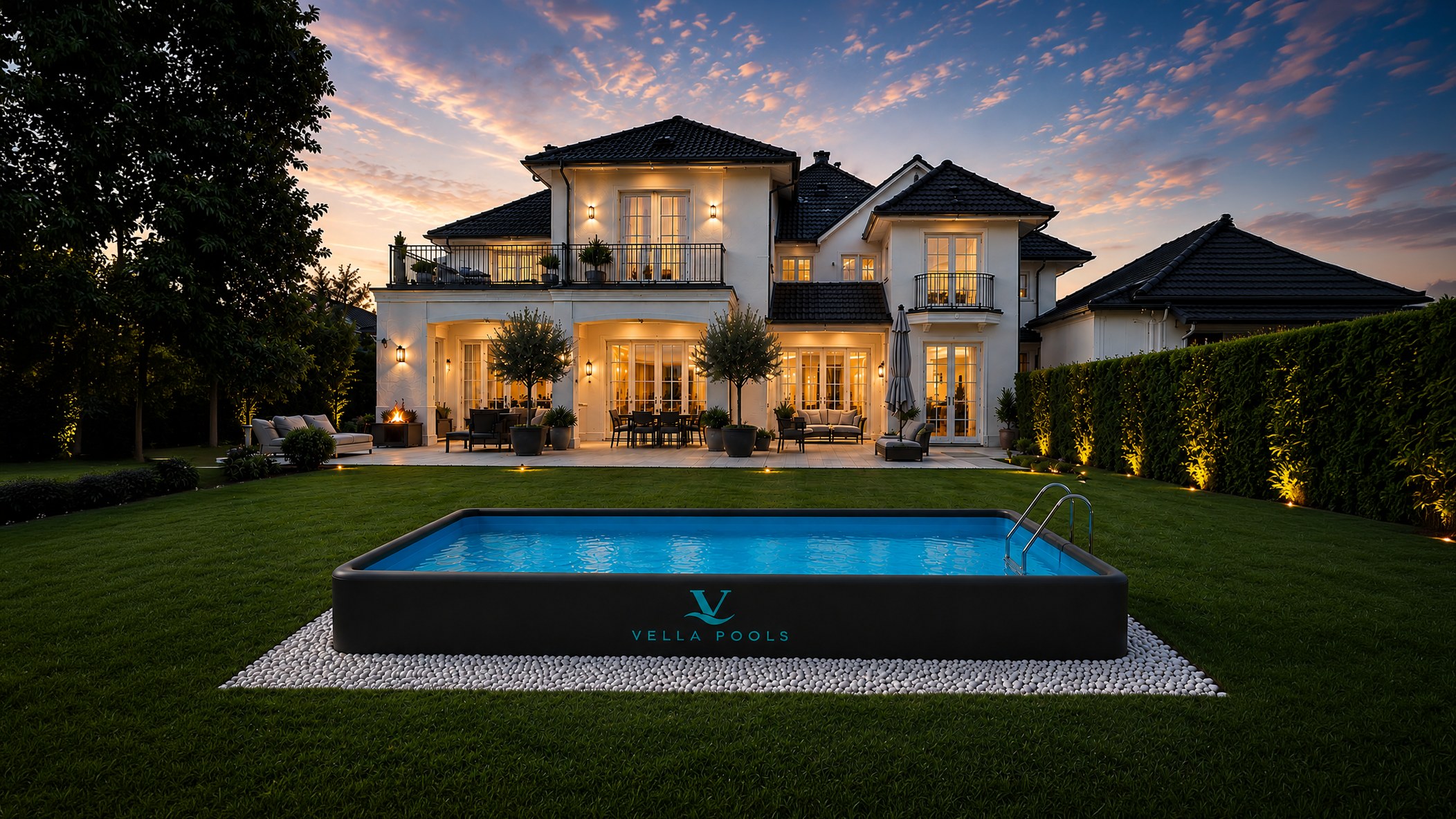 Rechteckiger VELLA POOLS Einlass-Pool in der Abenddämmerung vor einer Villa (Symbolbild)