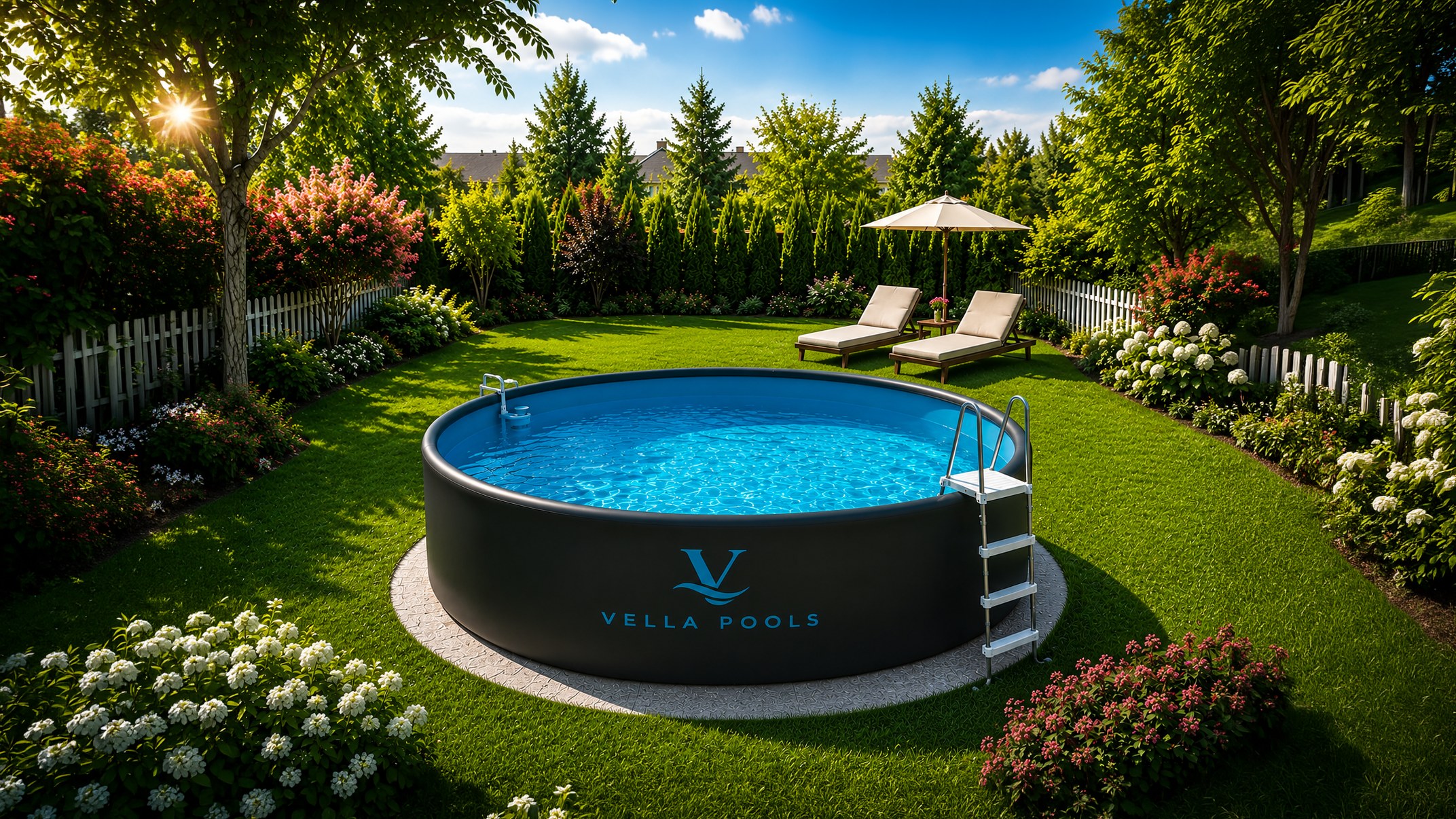 Runder VELLA POOLS Aufstellpool mit Drop-Stitch-Technologie in einem gepflegten Garten (Symbolbild)