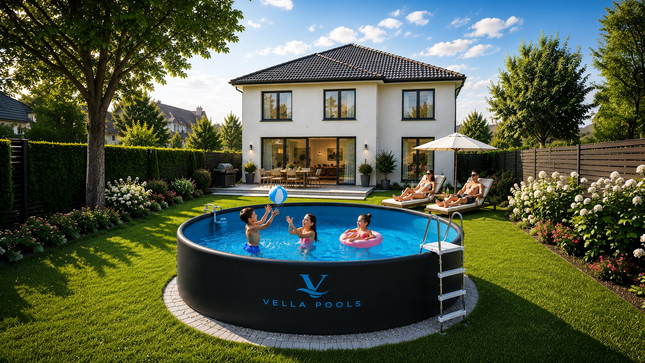 Familie spielt und entspannt an ihrem runden VELLA POOLS Aufstellpool im Garten (Symbolbild)