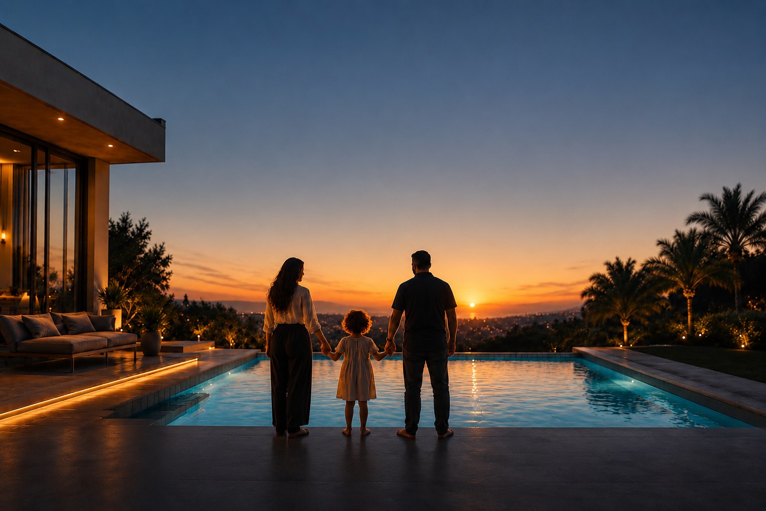 Familie hält sich an den Händen und blickt bei Sonnenuntergang auf den eigenen Pool
